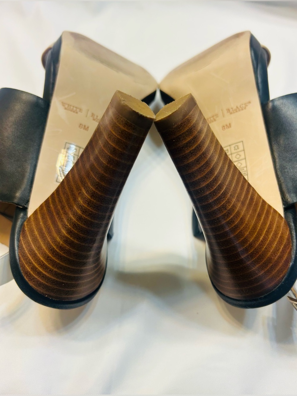 White House Black Market Black and Beige Leather Block Heel Sandals - Picture 6 of 8